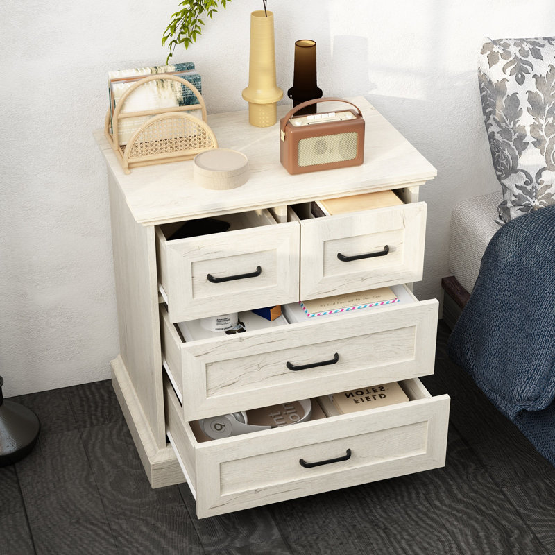 Table de chevet à 4 tiroirs de 60 cm de large, grand coffre de rangement avec finition imitation bois pour la chambre, le salon et l'organisation de la maison