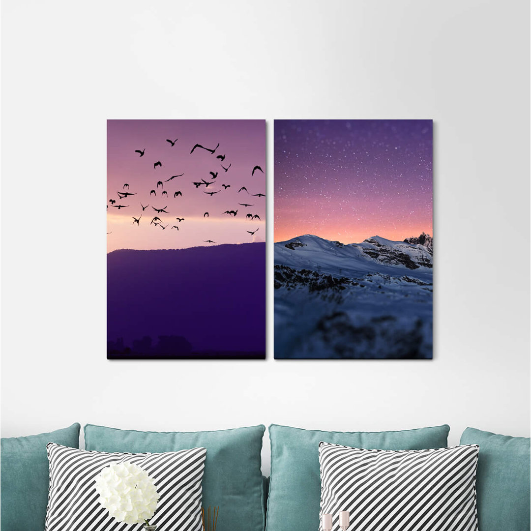 2-tlg. Leinwandbilder-Set - Grafikdruck "Vogelschwarm Fliegen Vögel Sonnenuntergang Roter Himmel Alpenlandschaft Natur B...