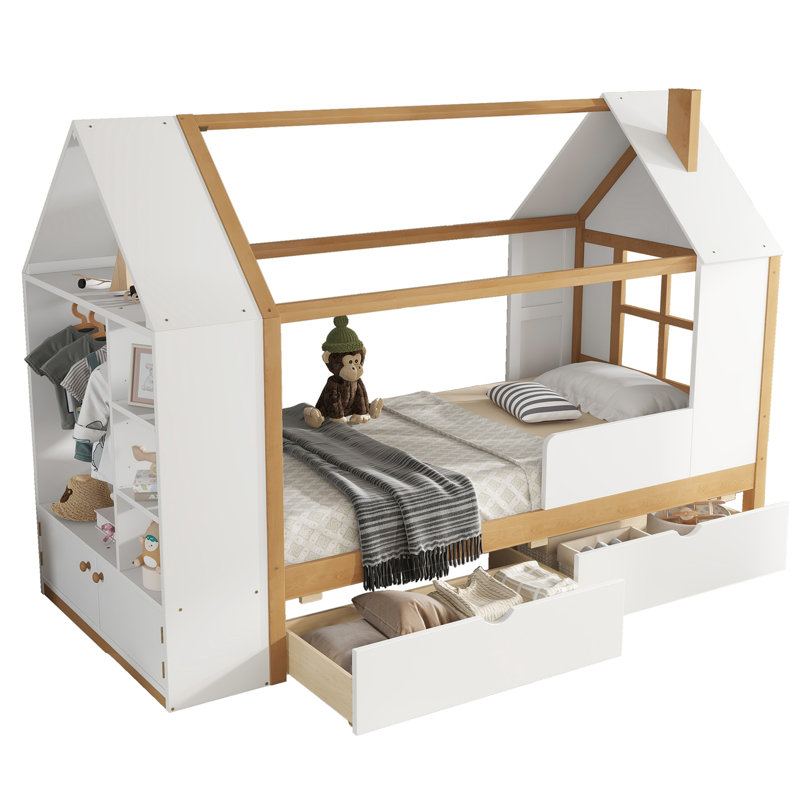 Lit plateforme simple avec tiroirs, lit maison en bois massif avec tablettes, conception enfantine, blanc et naturel
