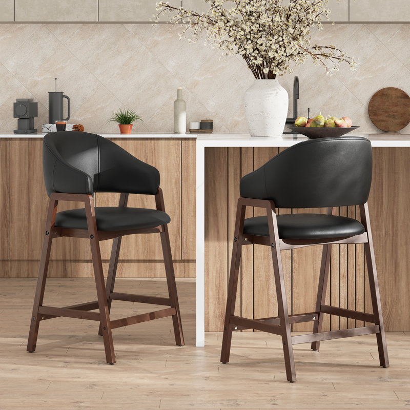 Tabouret de bar rembourré en bois massif, Noir, 2