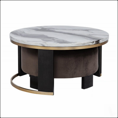 Ensemble de 2 tables basses gigognes avec plateau en faux marbre et repose-pieds, parfait pour les salons modernes et peu encombrant
