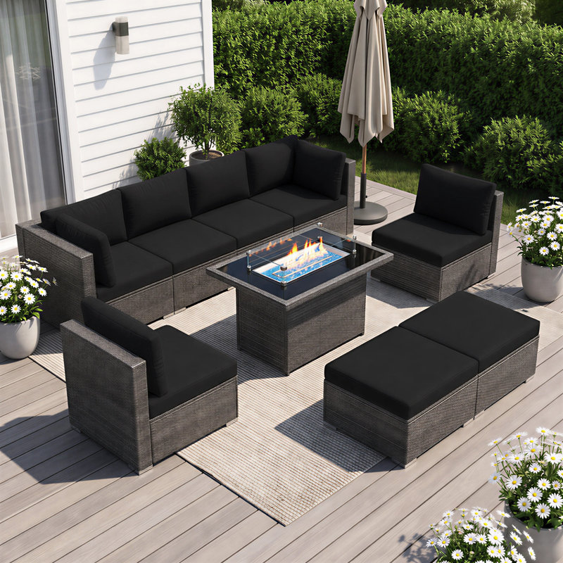 Ensemble de canapé modulaire en osier 7 pièces avec table de foyer et coussins de siège profond 7 pièces, Noir, Gris
