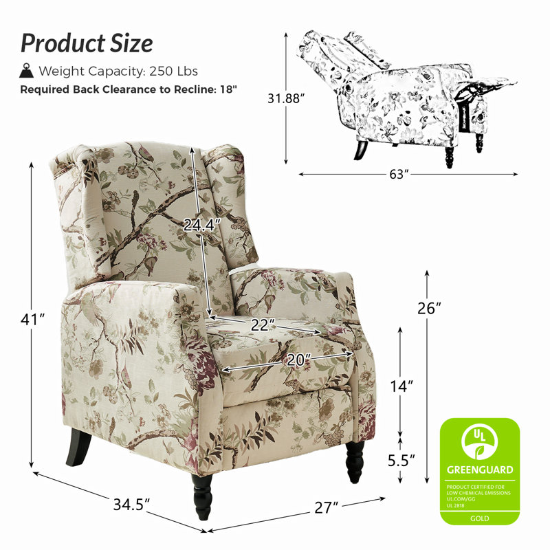 Fauteuil inclinable manuel rembourré Celia avec dossier à oreilles classique et pieds en bois en forme de vase, Oiseau