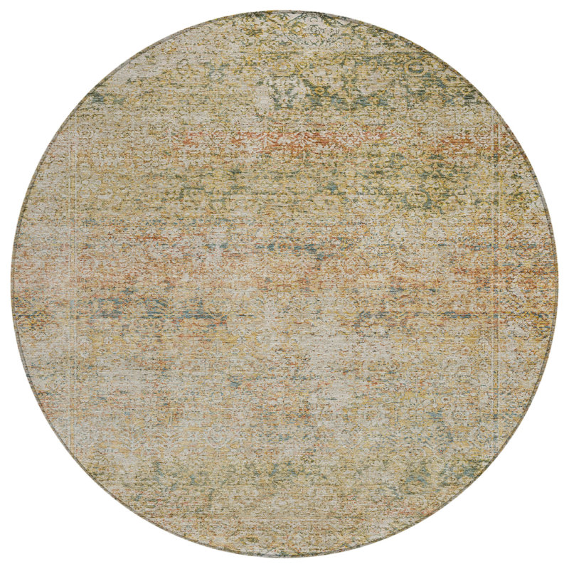 Tapis d'intérieur rond lavable abstrait doré et beige 8 pi