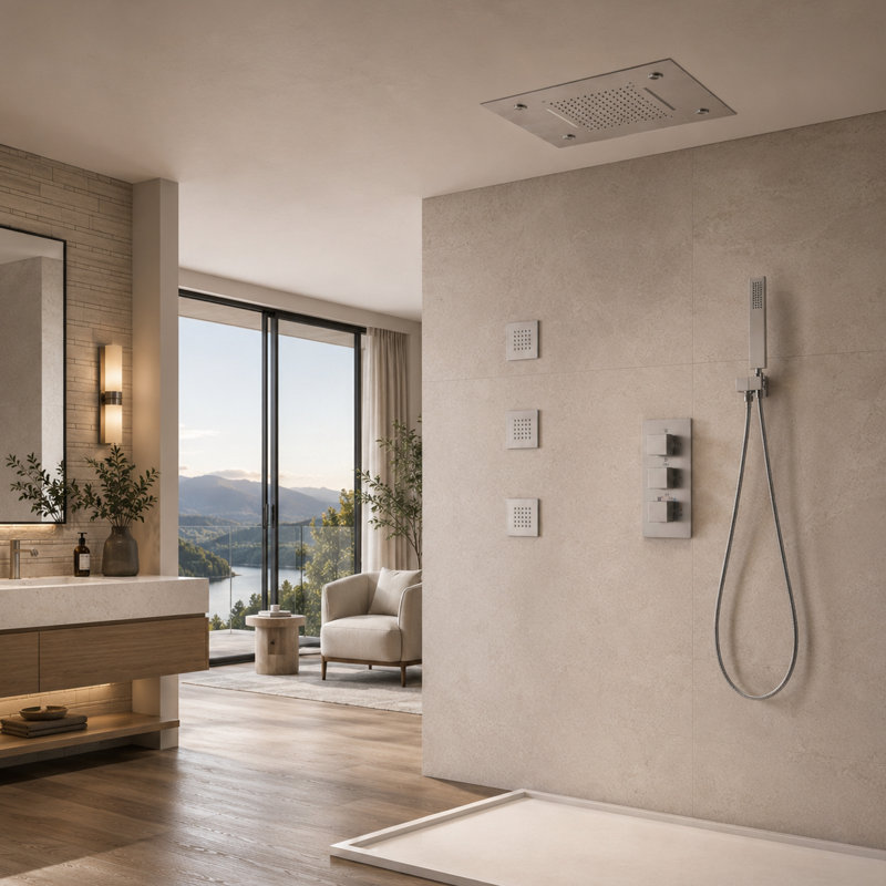 Bojet Thermostatic LED Shower Faucet Set Square Rain Shower Head Combo with 3 Handles & 4 Functions Recessed Wall Mounted Bathroom Shower System Kit