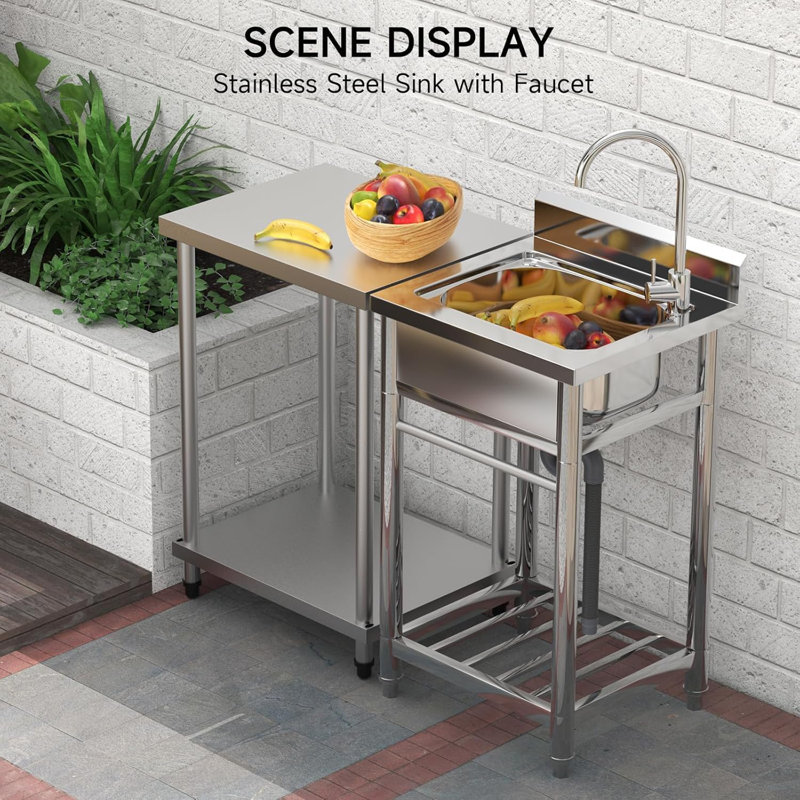 Évier de cuisine 21,65 x 19,68 po, cuve simple autoportante en acier inoxydable avec robinet d'eau chaude et froide
