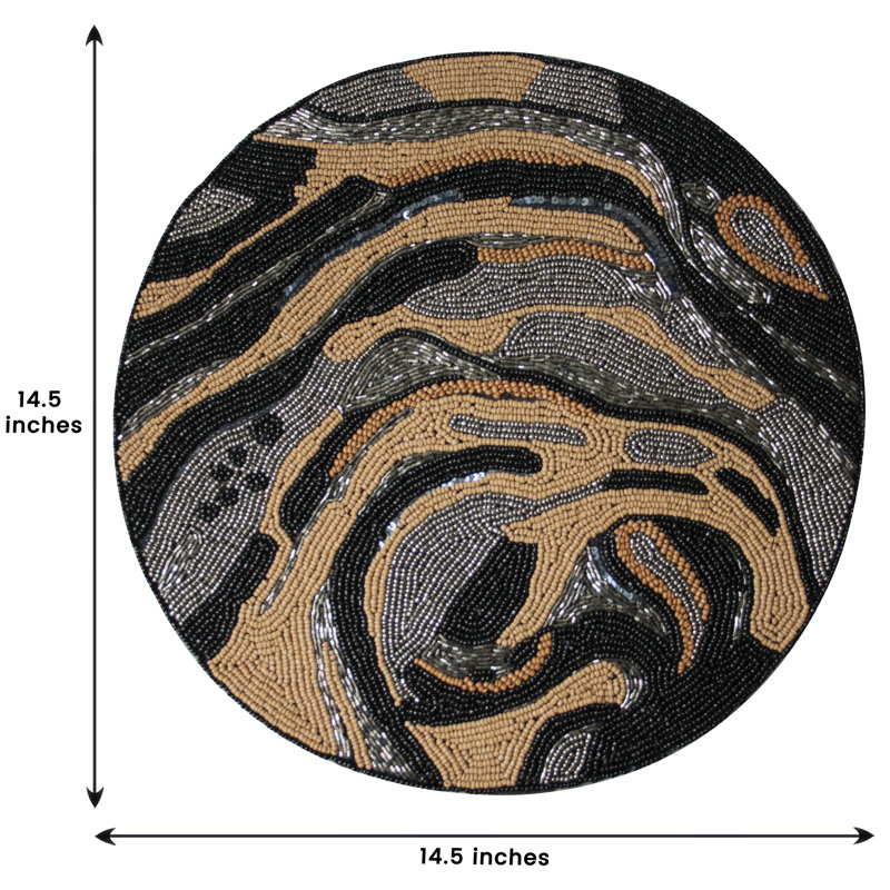 The Haings Round Beaded Placemats Set with Abstract Swirl Pattern for Luxury Dining Table Christmas Decor, Black