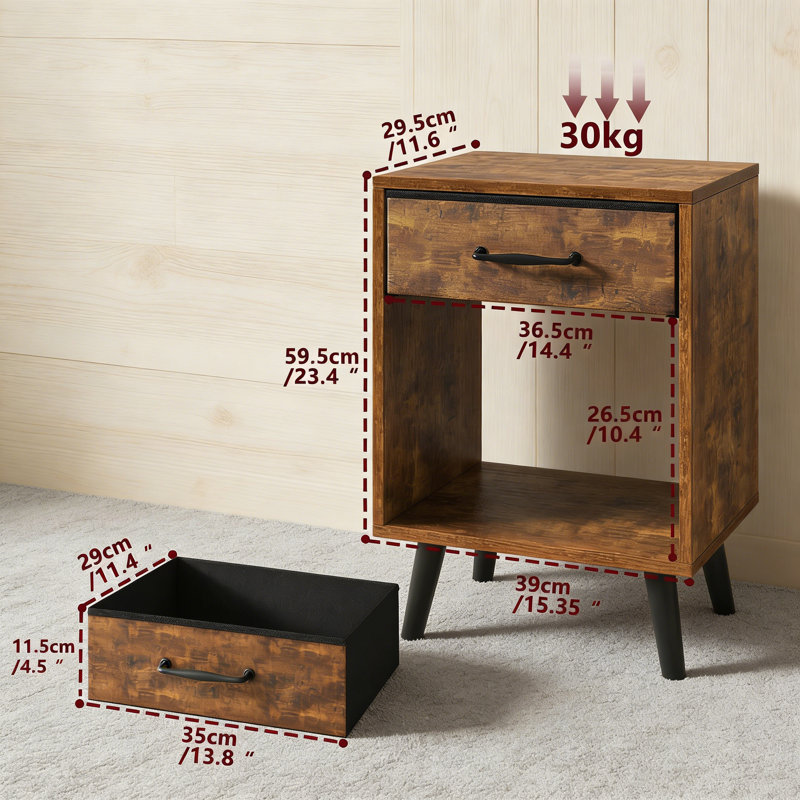 39cm W Manufactured Wood Bedside Table, Rustic Brown