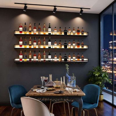 3-Tier Metal Wall Mounted Wine Rack With LED Light, 71In/180Cm Wide, Industrial Style, Black/Gold, With Glass Holder & Guardrail