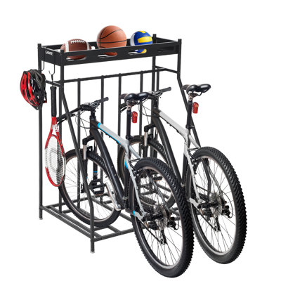 3-Bike Freestanding Storage Rack with Basket, Adjustable 1.5-4” Tire Slot, Metal No-Drill Bicycle Holder for Garage Basement Warehouse