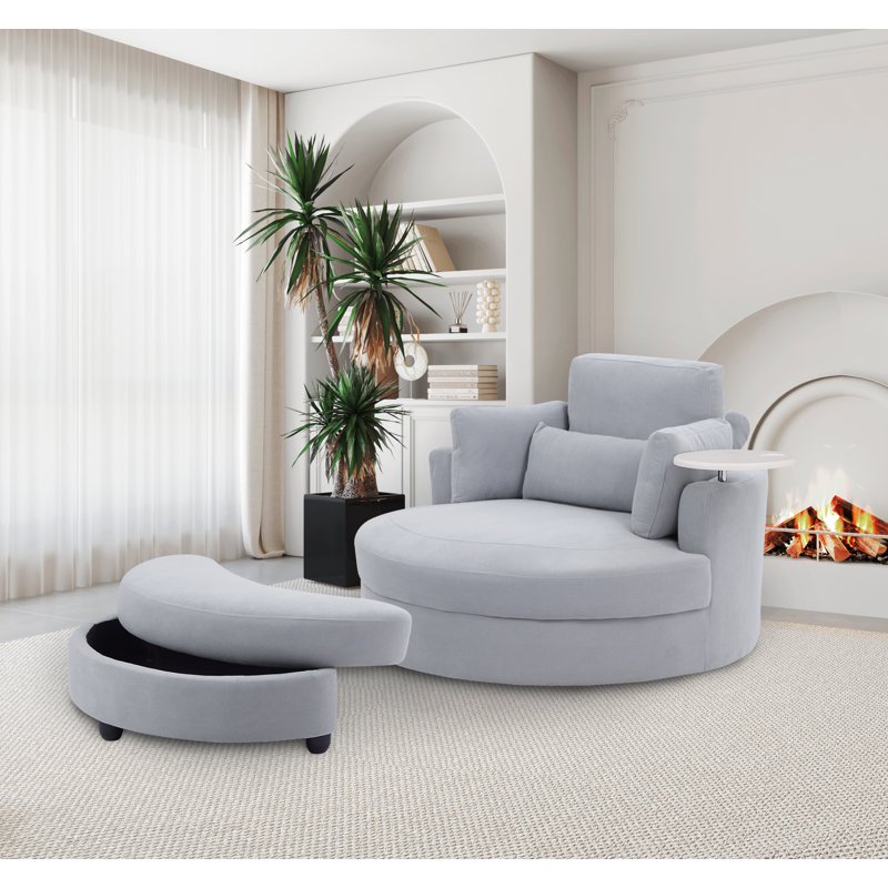 Fauteuil demi-tonneau pivotant de 51 po avec repose-pieds Lasean, Velours bleu brume