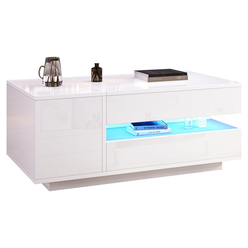 Virel Height-Adjustable Coffee Table With LED Lighting And Hidden Storage, White