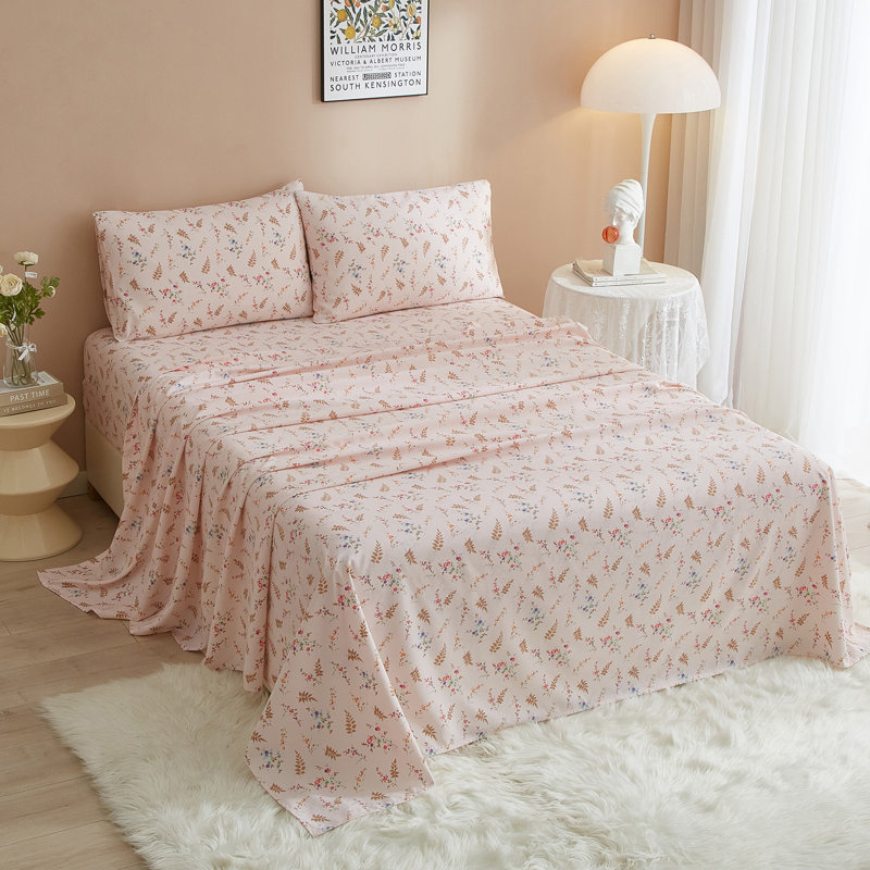 Zeta Boho Floral Printed Sheet Set, King Sheet Set with 2 Pillowcases, Pink