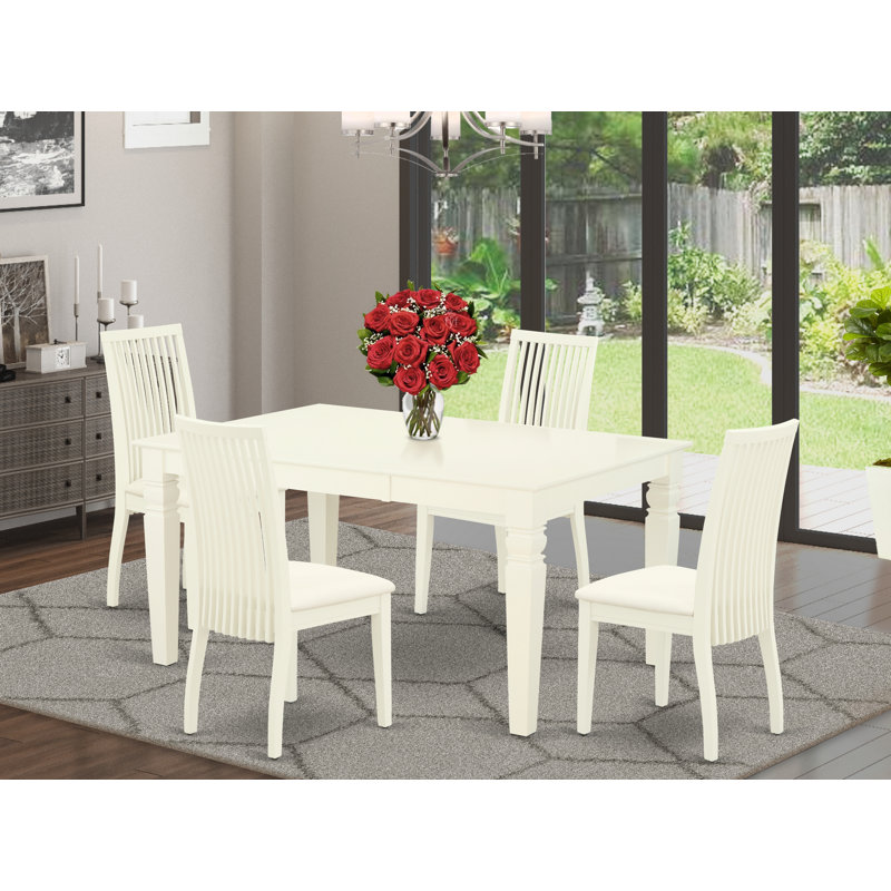 Ensemble de table de salle à manger 5 pièces comprenant une table de cuisine rectangulaire avec rallonge papillon et 4 chaises en lin, blanc lin