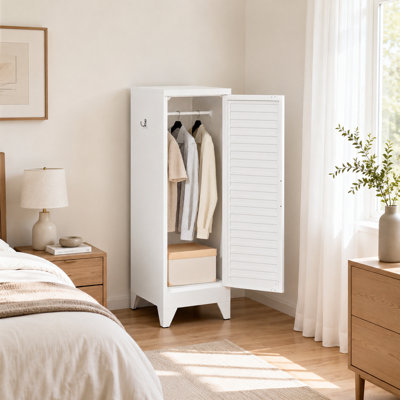 47.2 Inch Narrow Metal Storage Closet with Single Louvered Door, Freestanding Slim Wardrobe Cabinet with Anti-Tip Kit, Full Height Hanging Rail, 2 Side Hooks, 18cm Gold Handles, Cold Rolled Steel for Bedroom, Dorm, White