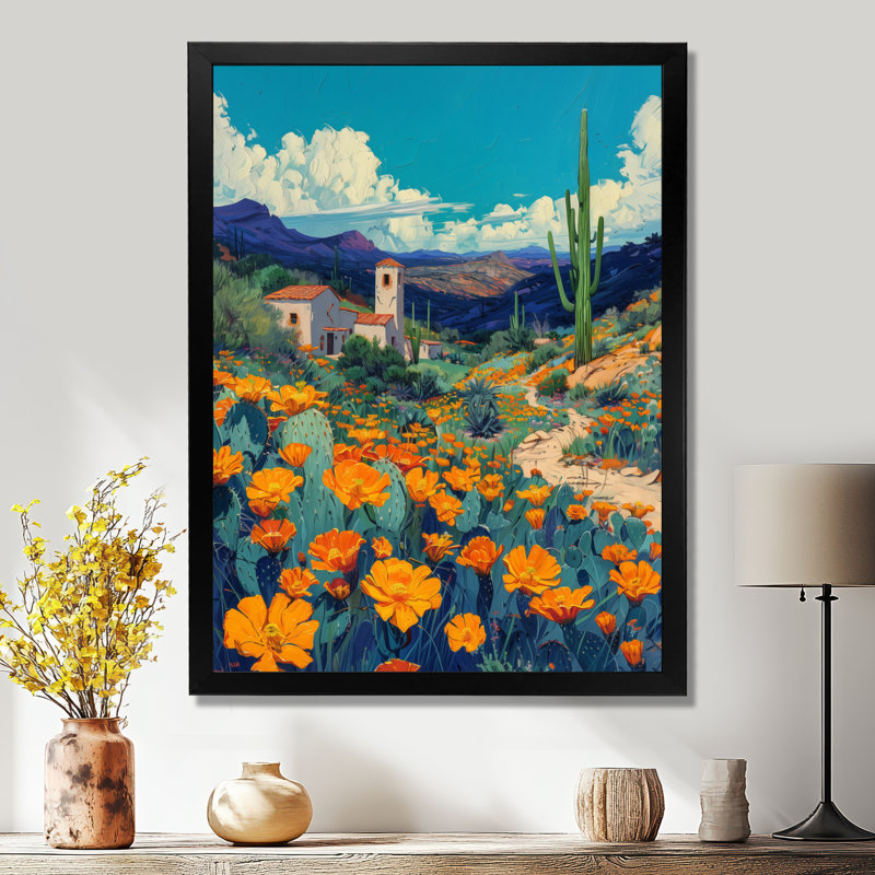 Orange, orange, désert, cactus, paysage, Mexique, I, plantes, art mural, salon, Toile encadrée noire simple