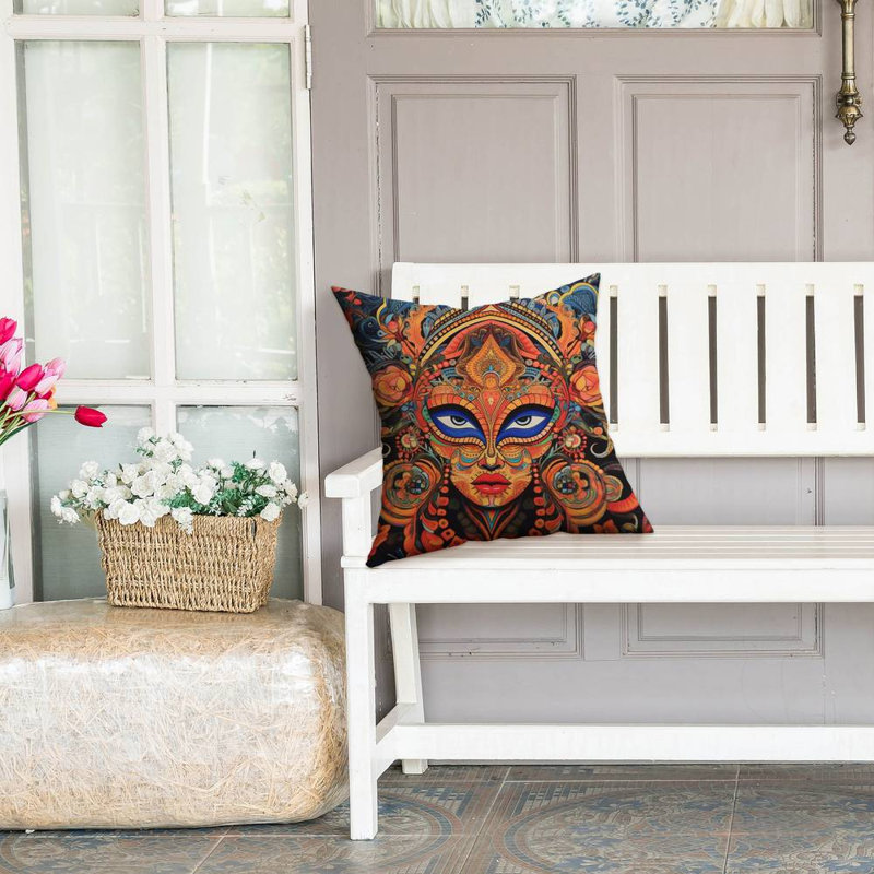 Aztec Face - Contemporary Shapes Outdoor Throw Pillow | Home Decor, Blue/Black/Green