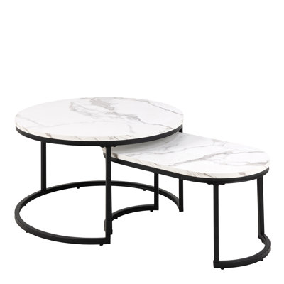 Coffee Table Set with White Marble Melamine Top & Black Legs