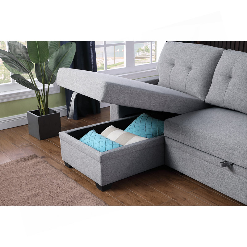 Upholstered Pull Out Sectional Sofa With Chaise, Light Gray