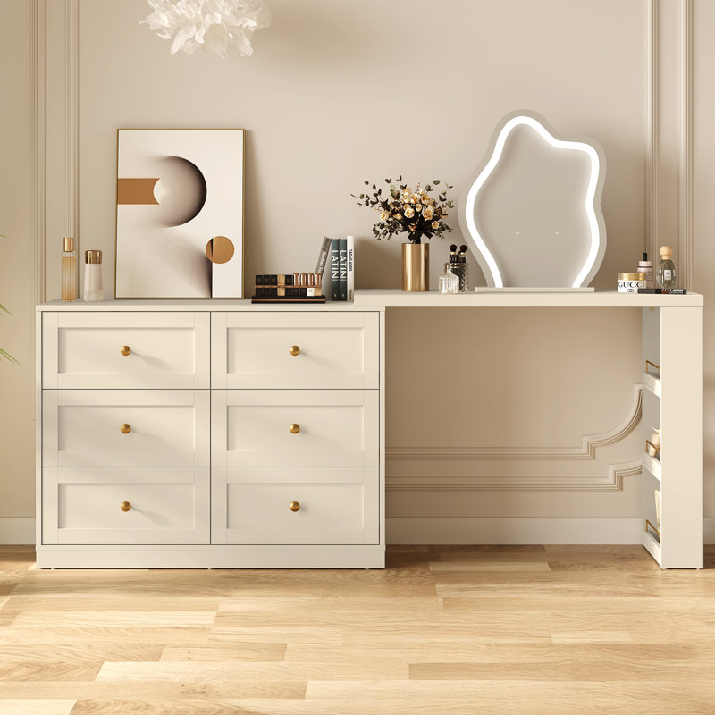 Extendable Makeup Vanity Desk With 6 Drawers, Beige