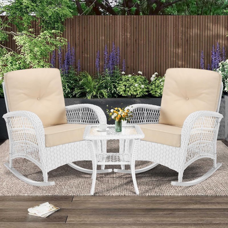 White Wicker and Beige Cushions 3-Piece Patio Rocking Bistro Set