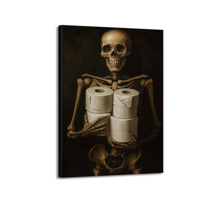 Gothic Skull Wall Art Funny Skeleton with Toilet Paper Canvas Print Vintage Skull Painting Framed Artwork for Living Room Home Halloween Wall Decor(12"x18")
