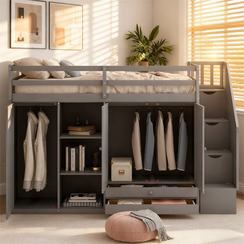 Lit mezzanine en bois massif avec rangement intégré de qualité supérieure et conception multifonctionnelle, Gris