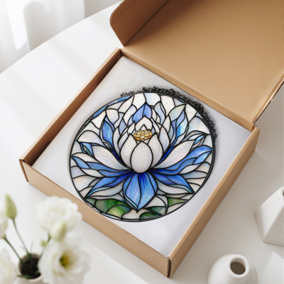 12"H Blue Lotus Stained Glass Window Panel