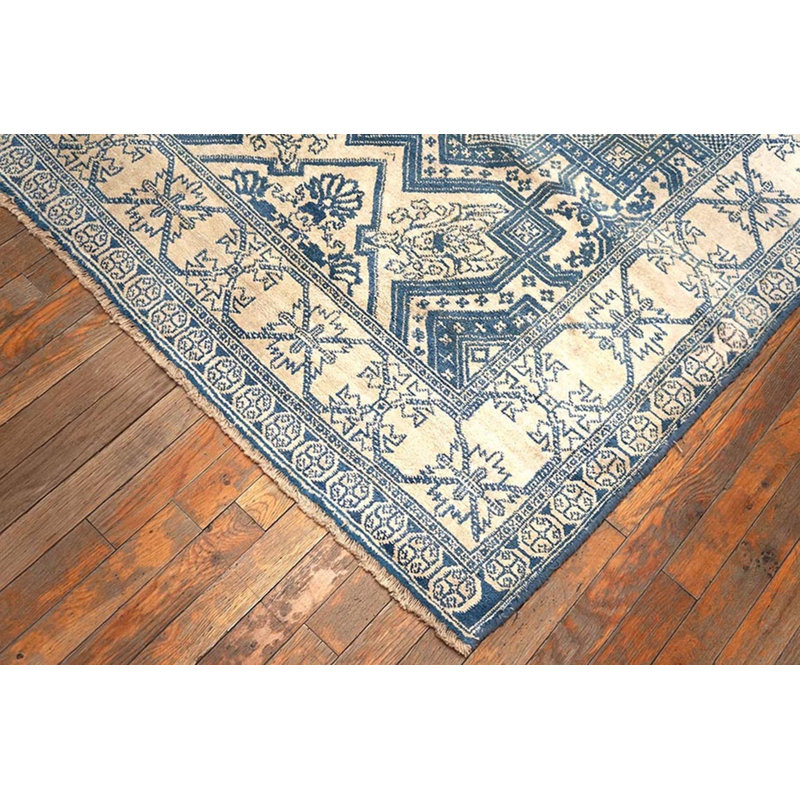 Small Size White and Blue Color Antique Geometric Indian Cotton Agra Rug