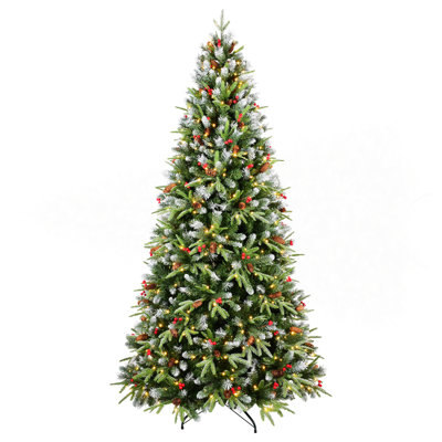 8FT Christmas Tree With 600 Warm White LED Lights – 2850 Snow-Tipped PE+PVC Branches, Red Berries & Pine Cones, Hinged Design, Stable Metal Stand – Realistic Holiday Decoration