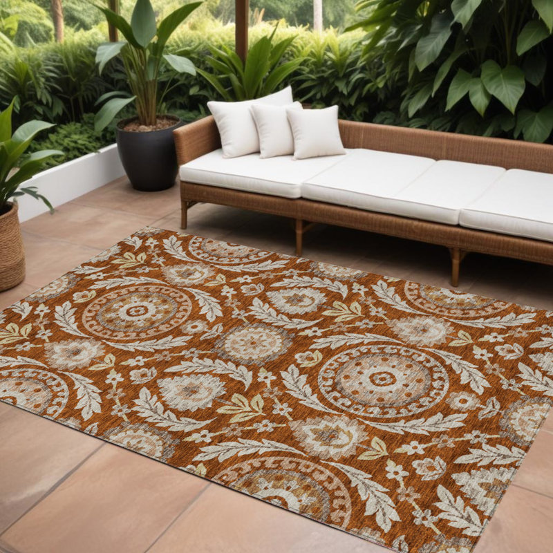 Tapis extérieur lavable floral taupe et doré 10 pi x 14 pi orange