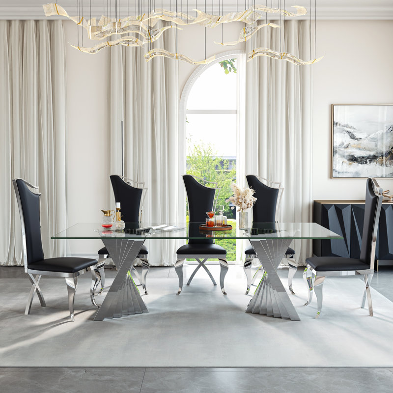 8 - Person Glass Top Double Pedestal Dining Set, Silver, Black/Silver