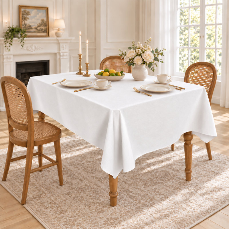 100% Cotton Solid Soft Durable Rectangle Tablecloth, 104" L x 60" W, White