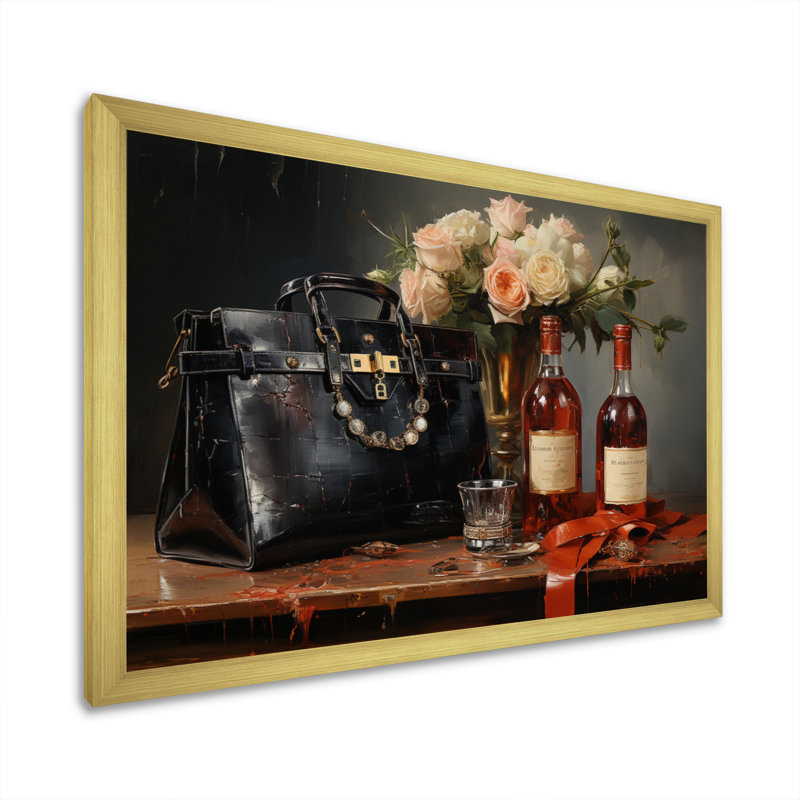 Vin et sac à main de luxe - reproduction sur toile, H 34 po x l 44 po x P 1,5 po, Encadrement doré