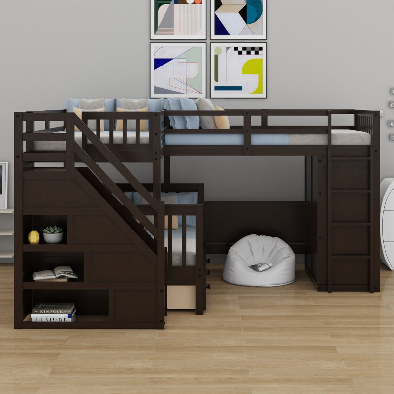 Lit superposé en L avec 3 tiroirs, bureau portable et garde-robe, Espresso