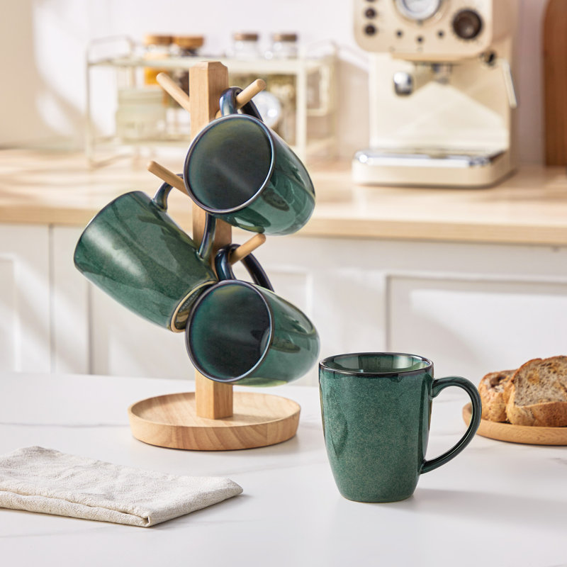 Ensemble de 4 grandes tasses à ombrage vert, 12 oz, four, grès cuit, parfait pour le café du matin, 12, Vert