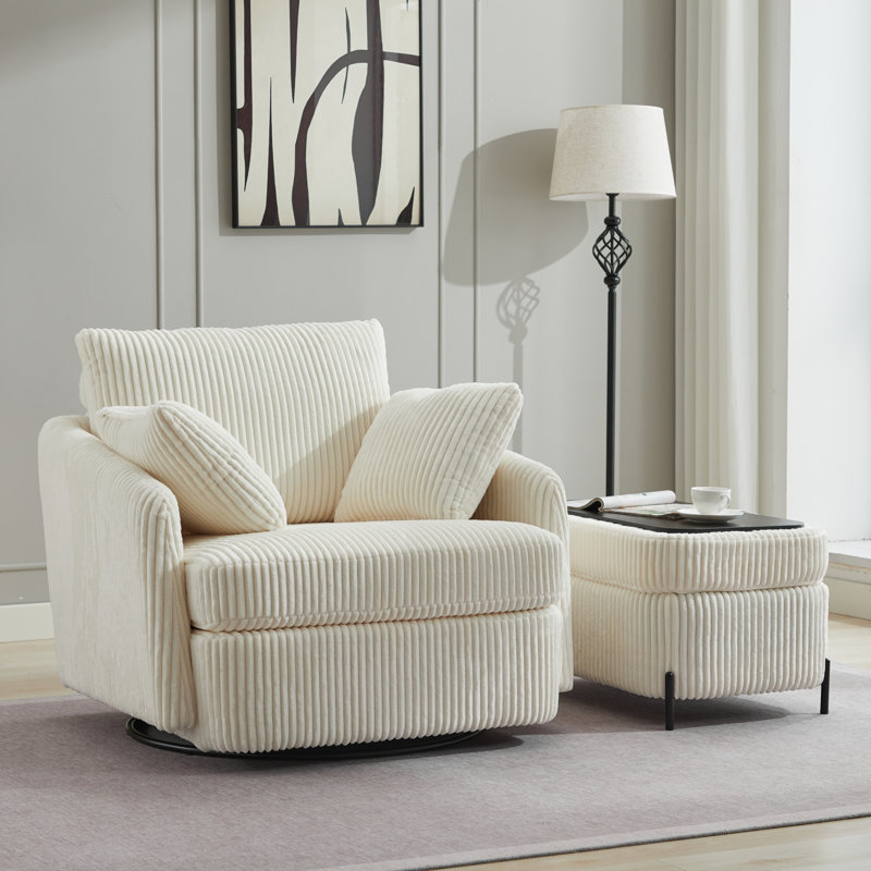 40.6'' Wide Swivel Barrel Chair and Storage Ottoman, Ivory Polyester