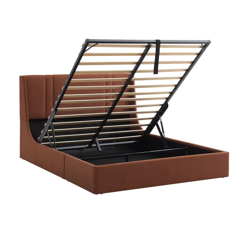 41.7" Velvet Curved Wingback Queen Bed Frame with Hydraulic Lift, No Box Spring Needed, Ocher, Ocher, Queen
