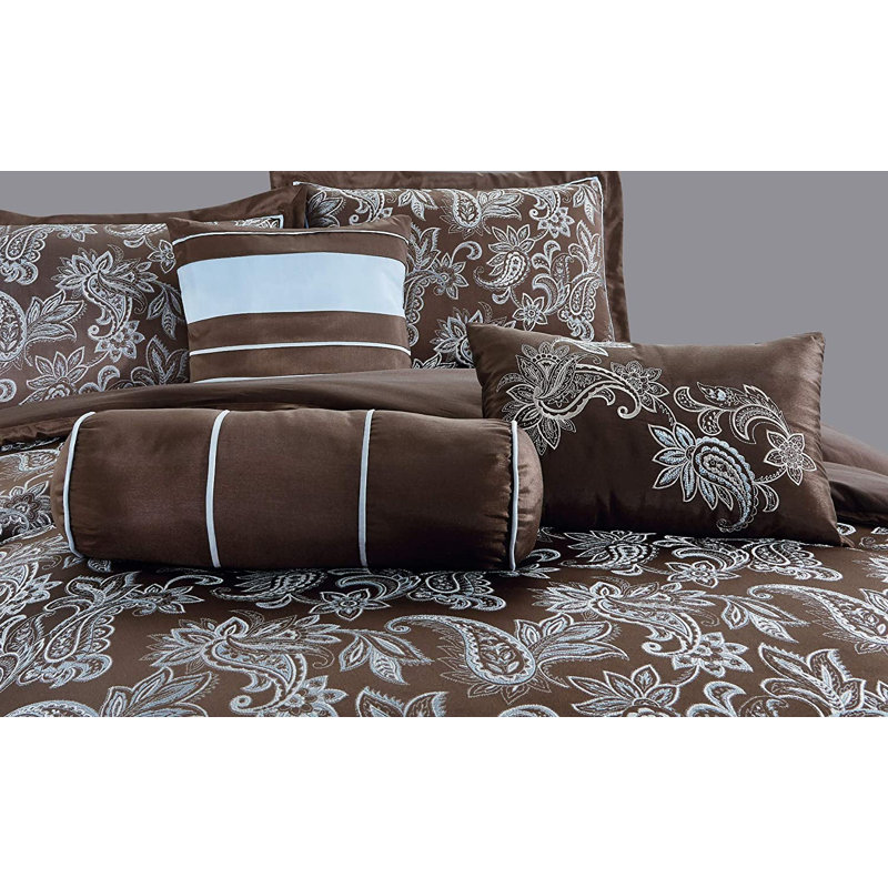 Queen Size Brown and Blue Jacquard Floral Comforter Set