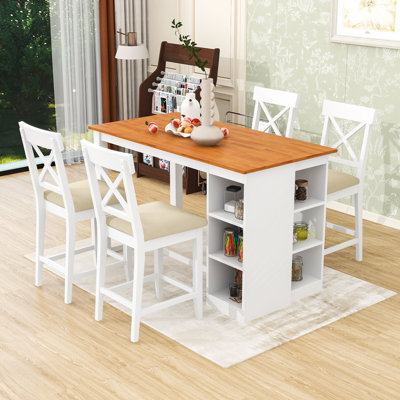 Devra 5-Piece Dining Set, Counter Height Wooden Table with 3-Tier Storage and Upholstered Chairs