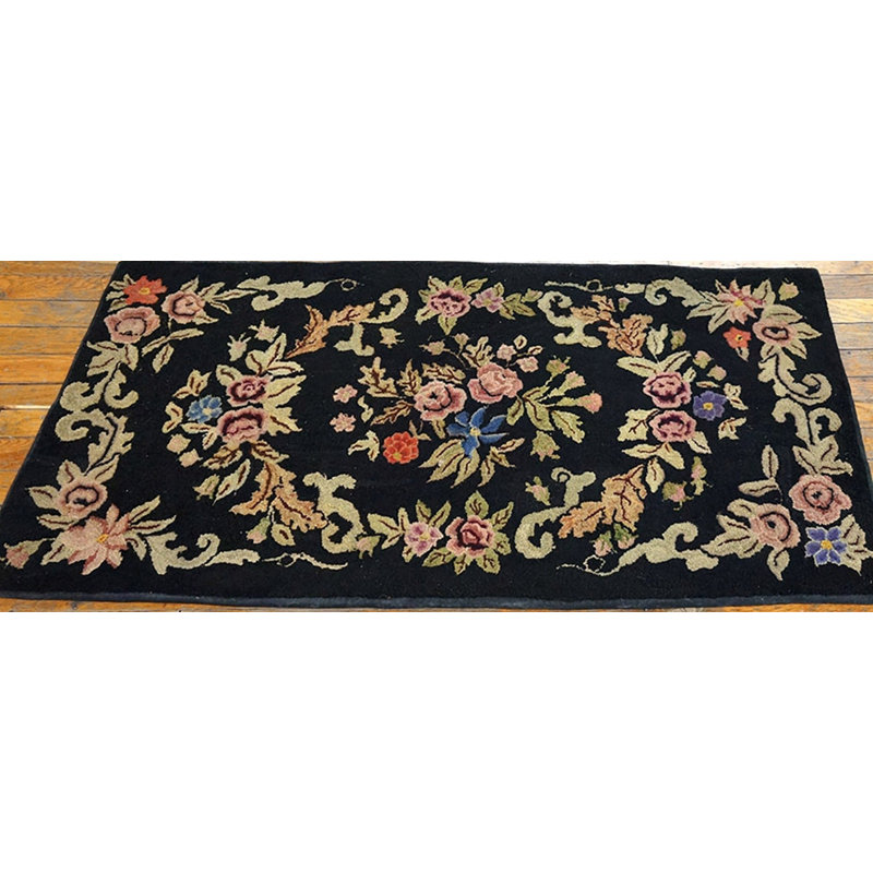 Small Antique Black Color European Floral Inlay Pattern American Hooked Rug