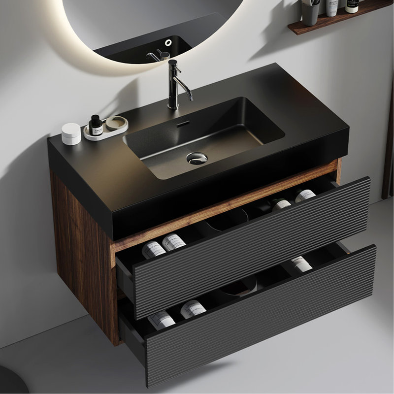 Meuble-lavabo Mid-Century moderne noir et noyer