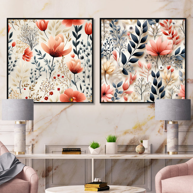 Wisbech - Ensemble de 2 collages carrés floral et botanique, Cadre flottant noir, H 16 po x l 33 po