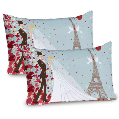 Ambesonne Paris Pillow Sham 2 Pack French Couple and Hearts Blue Red White