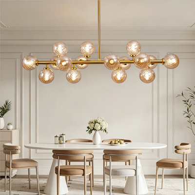 16-Light Mid Century Modern Chandelier: 40" Gold Linear Sputnik Chandeliers – Amber Glass Globe Dining Room Light Fixture – Long Modern Pendant Chandelier for Living Room Kitchen Island Table
