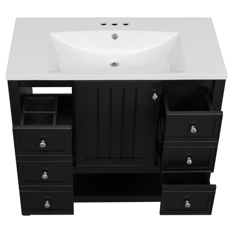 Meuble-lavabo 36 po avec lavabo, armoire à une porte, trois tiroirs et tablette ouverte, Noir