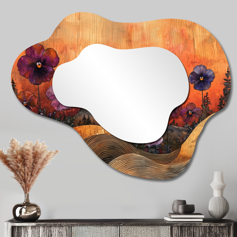 «Pansies Farm Landscape On Wood River I» - miroir mural décoratif Pansies Cloud, 27 po x 35 po