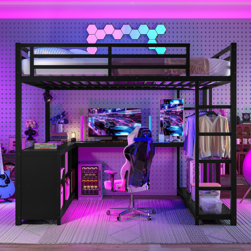 Grand lit mezzanine en métal noir avec garde-robe et bureau en L, support robuste, conception peu encombrante