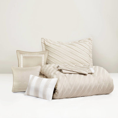 7 Pcs, Beige, Queen Comforter , Diagonal , All - Season Comfort, , Luxury Bedding Ensemble, Bed Skirt 15 Inch Drop Beige Pcs Featuring Pattern, , Fill, And Decorative Pillows