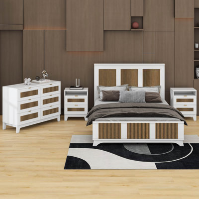 4-Pieces Bedroom Sets, Farmhouse Platform Bed With Wooden Strip Decoration, Storage Nightstand And Dresser With Metal Handle
